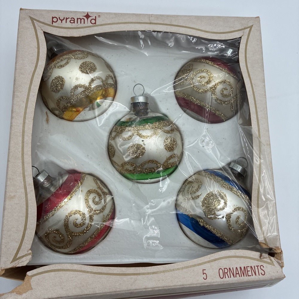 Vintage Pyramid Glass Christmas Ornaments Set of 5 Glitter Swirl Rauch Ind